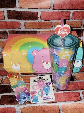 CARE BEARS T-SHIRT, TUMBLER, STRAW COVERS, GIFT SET